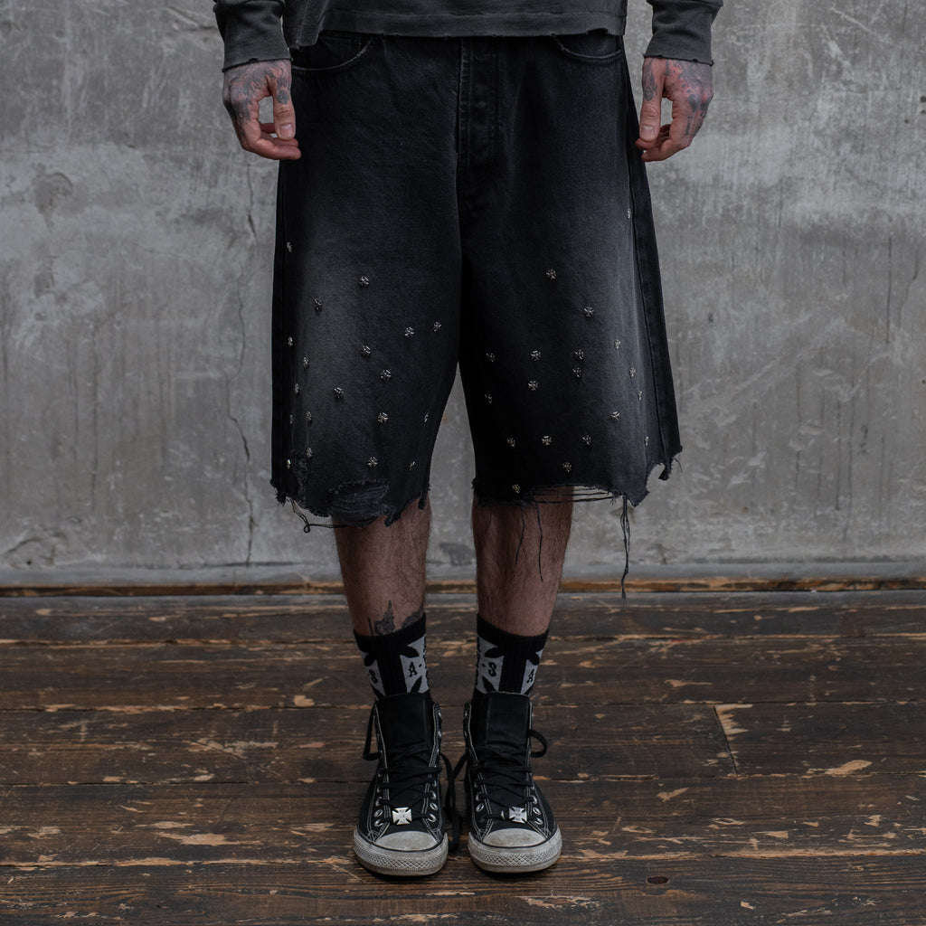 CROSS PIN BAGGY JEANS SHORTS - ASKYURSELF