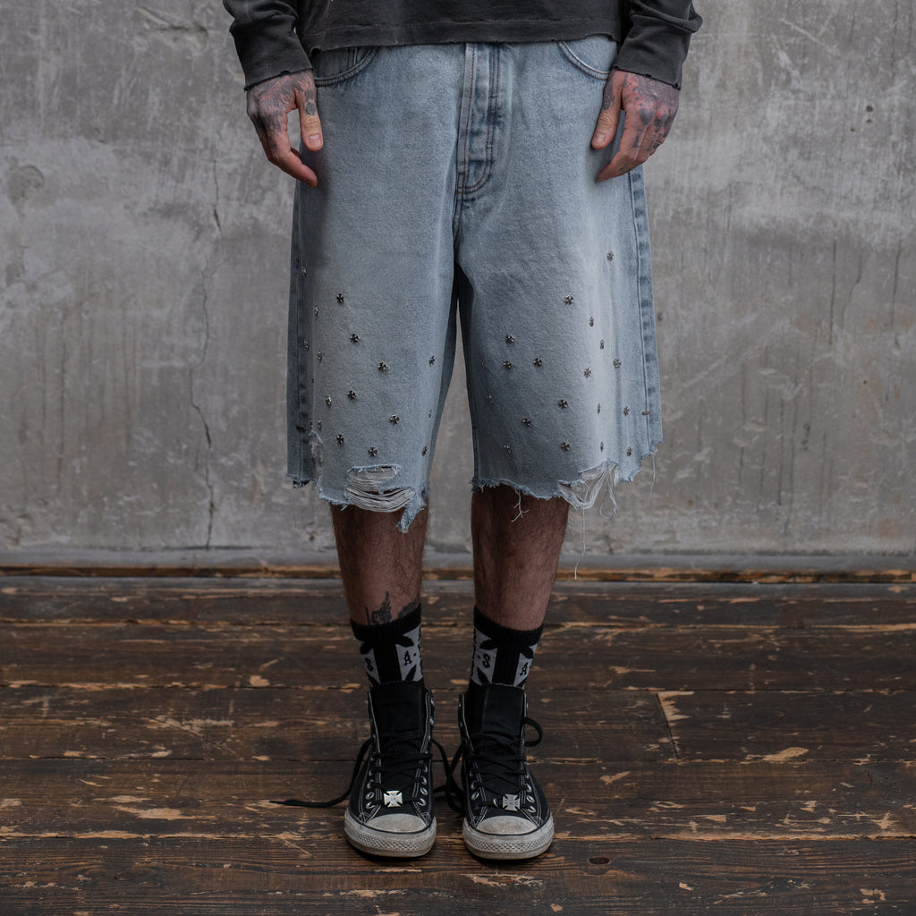 CROSS PIN BAGGY JEANS SHORTS - ASKYURSELF