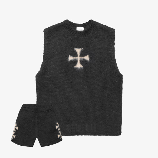 BRUSHED CROSS KNIT SET BLACK