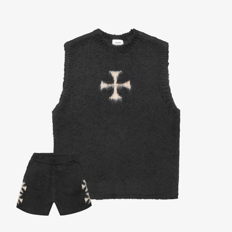 BRUSHED CROSS KNIT SET BLACK