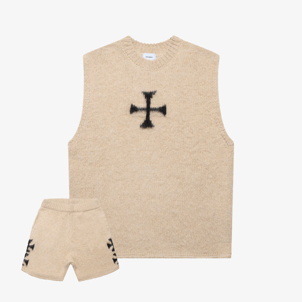 BRUSHED CROSS KNIT SET ECRU