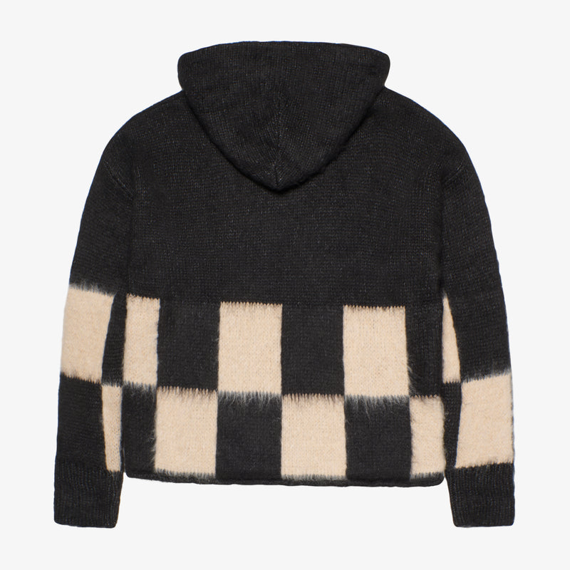 BRUSHED CHECKERED KNIT HOODIE