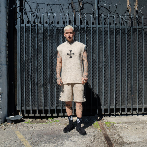 BRUSHED CROSS KNIT SET ECRU
