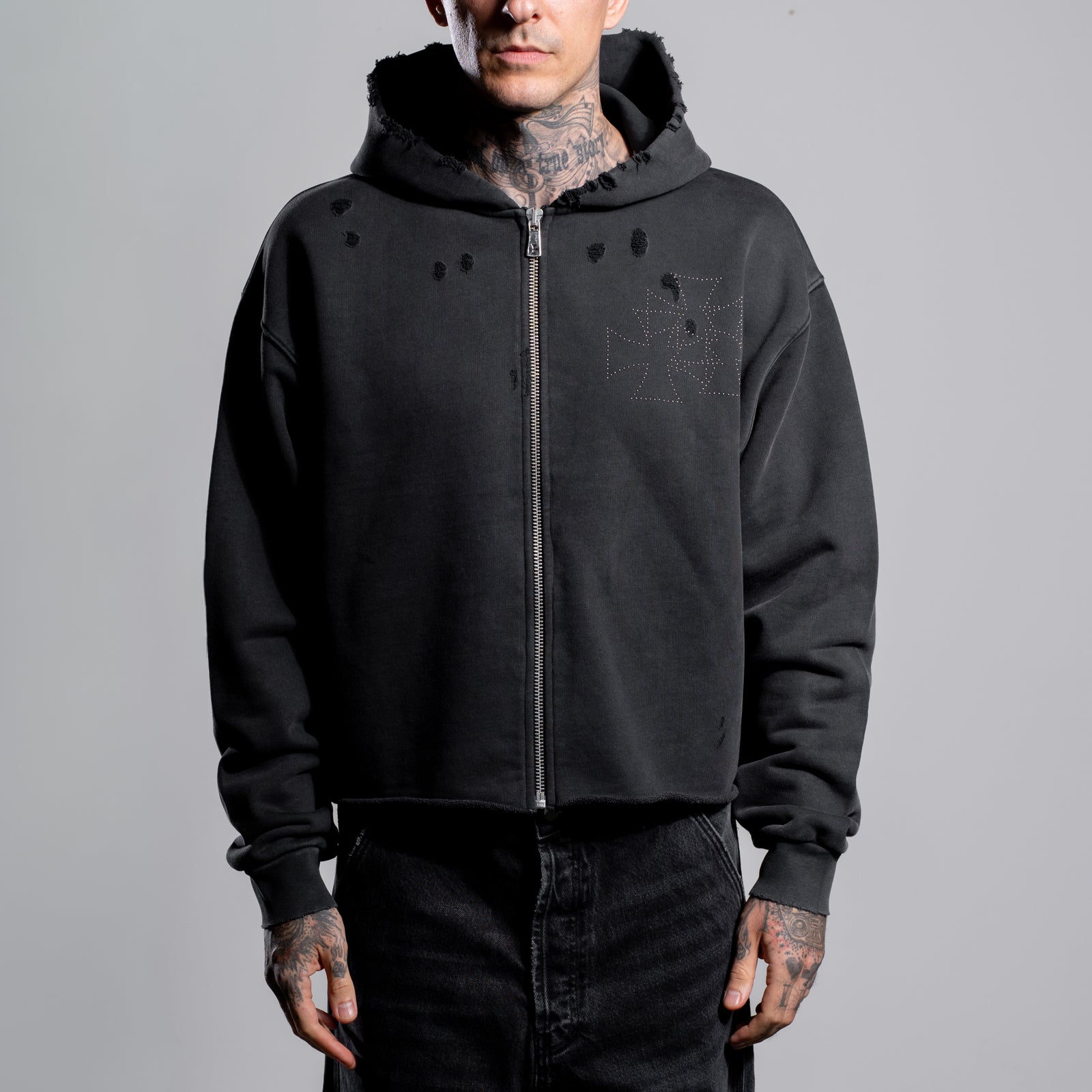 RAW CROSS STUDS ZIP HOODIE - ASKYURSELF