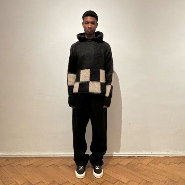 BRUSHED CHECKERED KNIT HOODIE