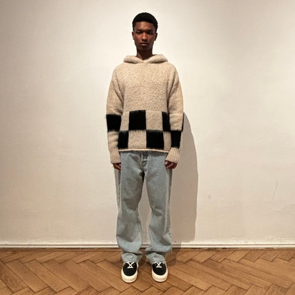 BRUSHED CHECKERED KNIT HOODIE